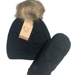 C.C Kids  Black  beanie with Matching Mittens rhinestone stars pattern